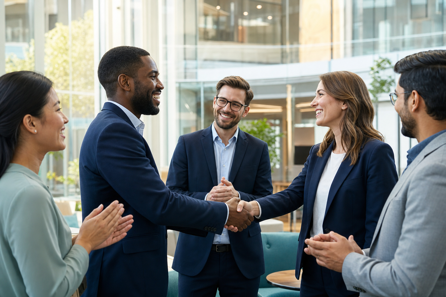 Professionals celebrating a successful hire with a handshake