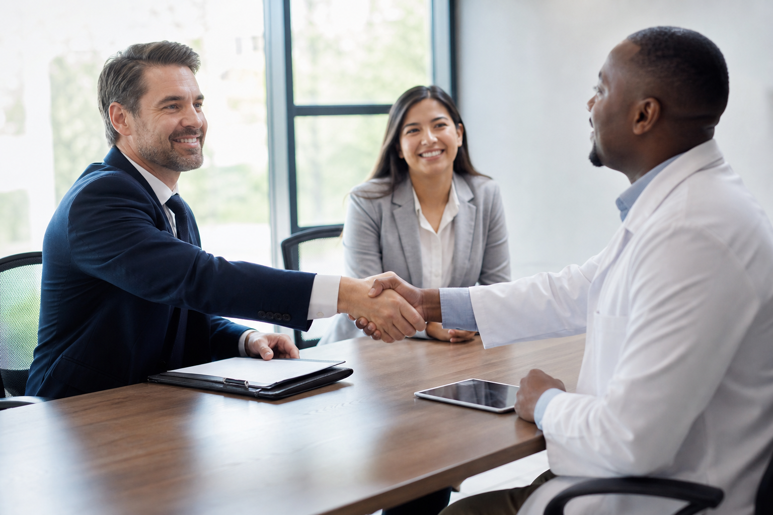 Hiring manager and clinician shaking hands after an interview