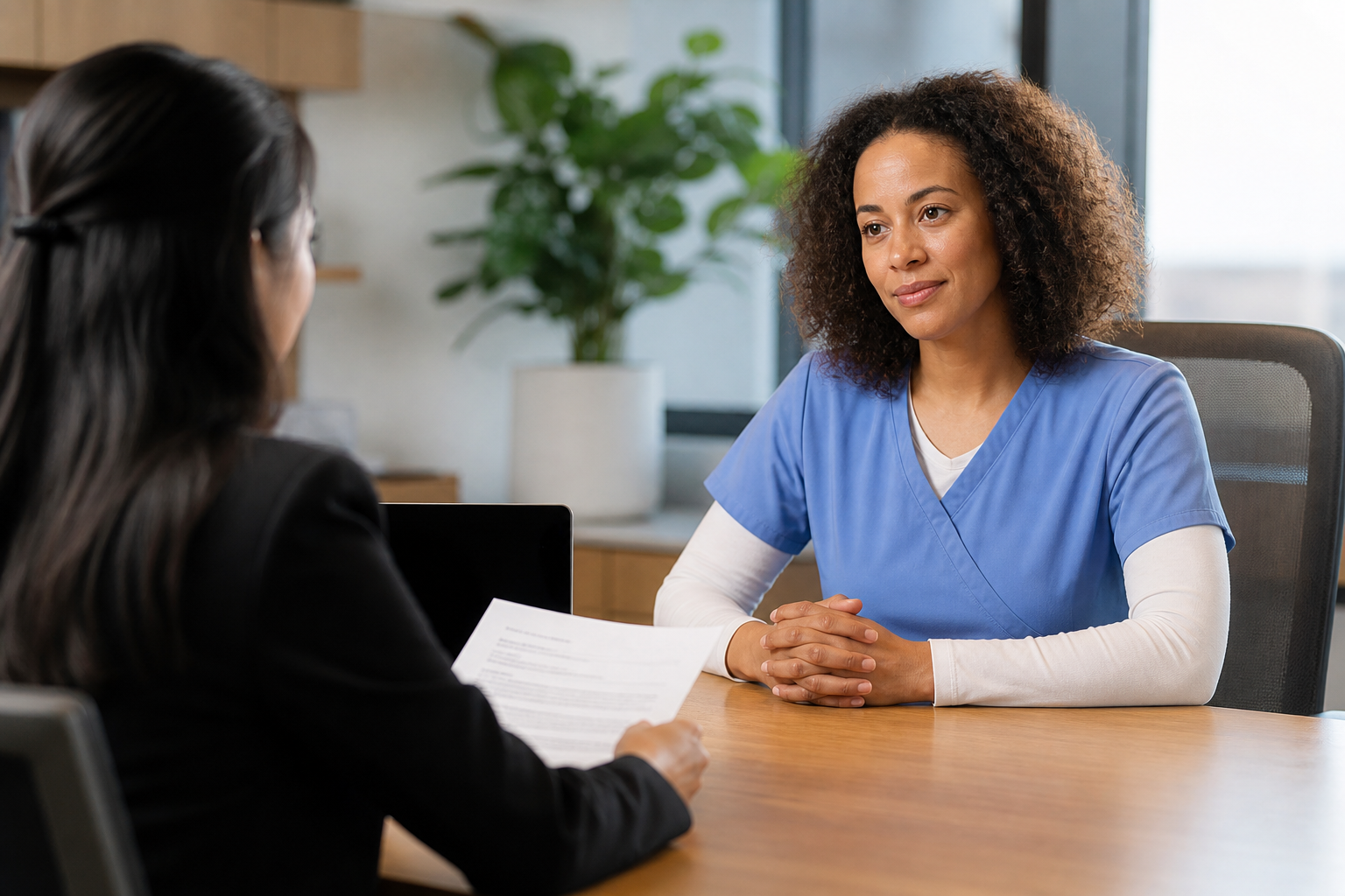 Clinician interviewing with a recruiter in a modern medical office