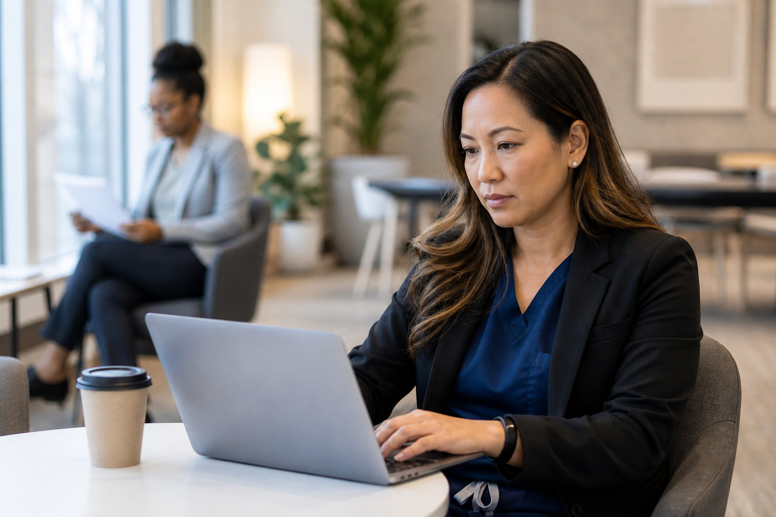 Healthcare professional reviewing job openings on a laptop